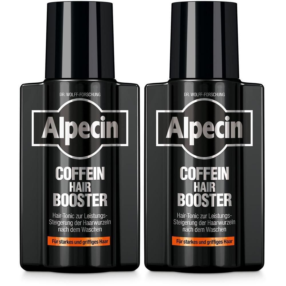 Zwei schwarze Flaschen mit weißem Etikett. Aufschrift: Alpecin Coffein Hair Booster.