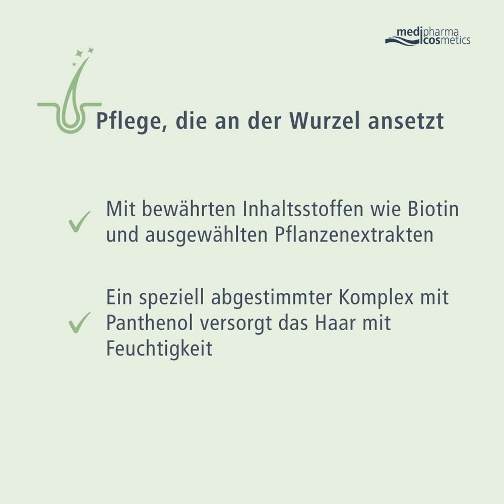 Text mit Vorteilen: Stärkt die Haarstruktur, pflegt lichtes, dünner werdendes Haar, verleiht Haar seidigen Glanz und ein gesundes Aussehen.
