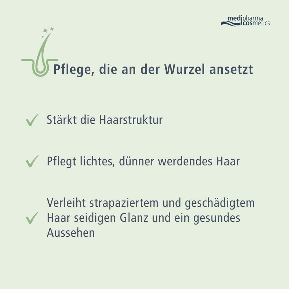 Text mit Vorteilen: Stärkt die Haarstruktur, pflegt lichtes, dünner werdendes Haar, verleiht Haar seidigen Glanz und ein gesundes Aussehen.