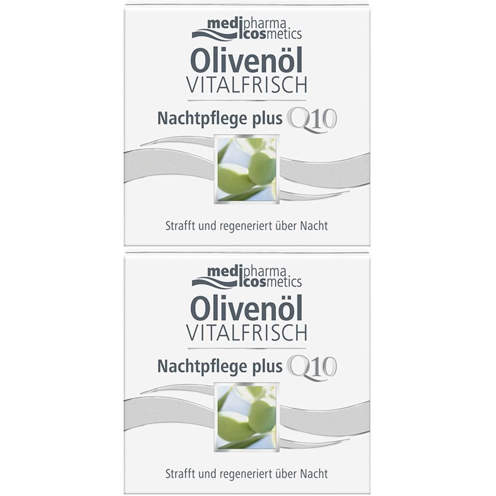 Zwei quadratische Verpackungen. Aufschrift: Olivenöl Vitalfrisch Nachtpflege plus Q10. Darunter Text: Strafft und regeneriert über Nacht.
