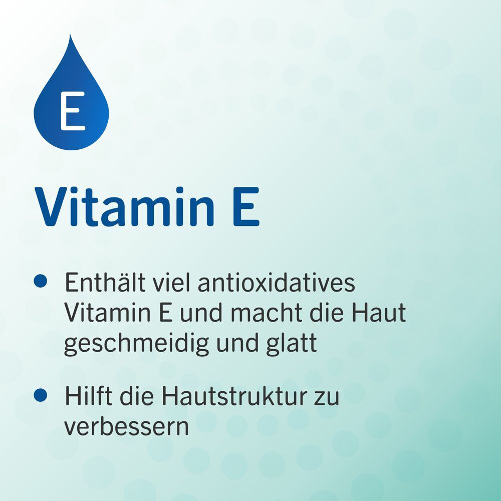 Text: Vitamin E. Enthält viel antioxidatives Vitamin E. Hilft die Hautstruktur zu verbessern.