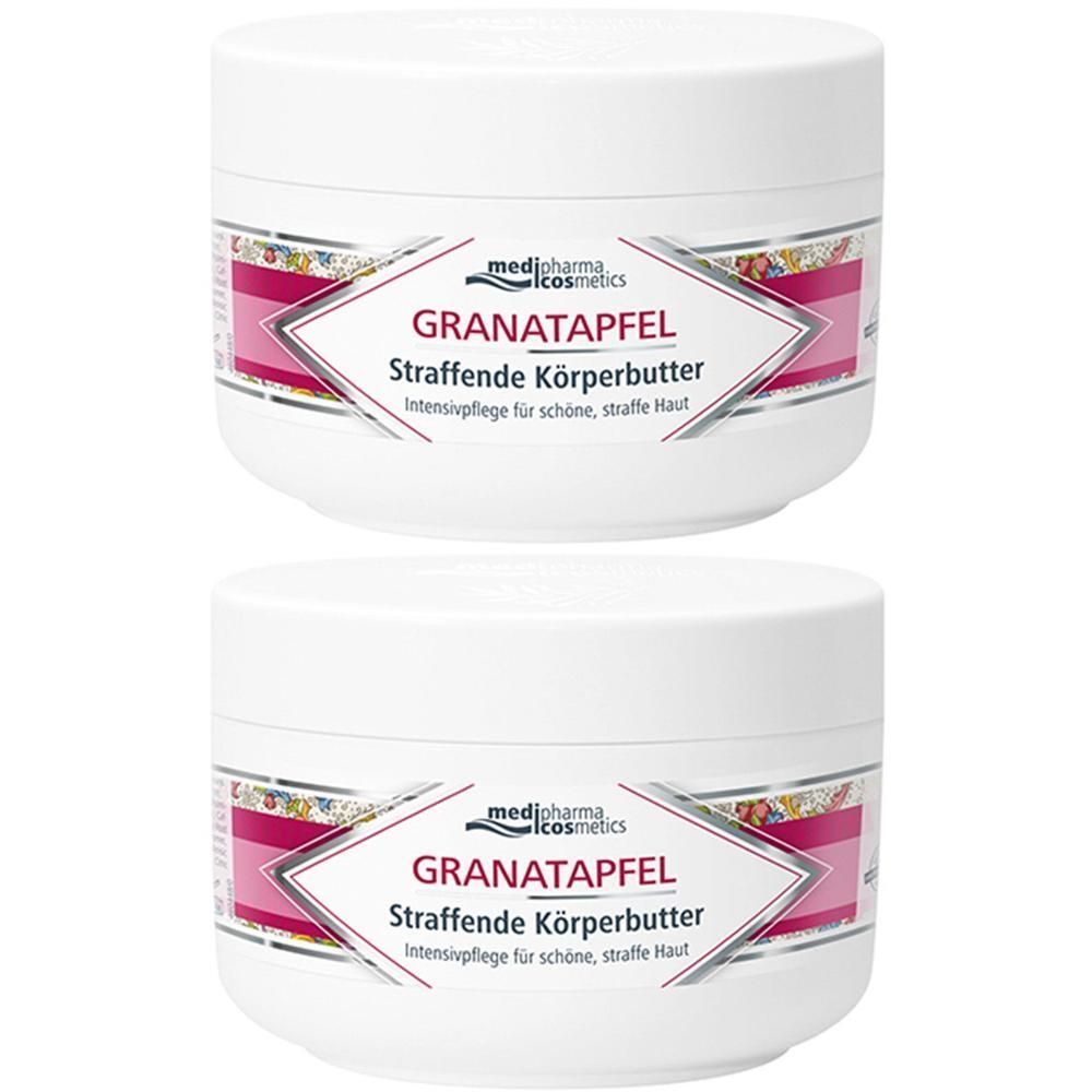 Zwei weiße Tiegel mit Deckel. Aufschrift GRANATAPFEL Straffende Körperbutter. Marke medi-pharma cosmetics. Rosa und floraler Dekor.