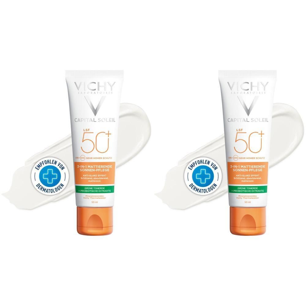 Zwei Tuben Sonnencreme mit LSF 50+. Weiß, mit grünen und orangen Akzenten. Dermatologisch getestet.