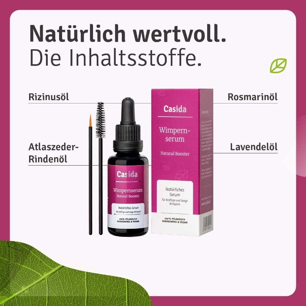 Produktflasche, Applikatoren und Verpackung. Text: Casida, Wimpernserum. Inhaltsstoffe: Rizinusöl, Rosmarinöl, Atlaszeder-Rindenöl, Lavendelöl.
