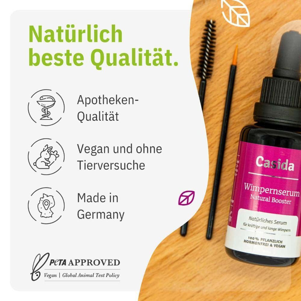 Produktflasche, Applikatoren. Text: Casida, Wimpernserum. Apotheken-Qualität, Vegan und ohne Tierversuche, Made in Germany, PETA APPROVED.