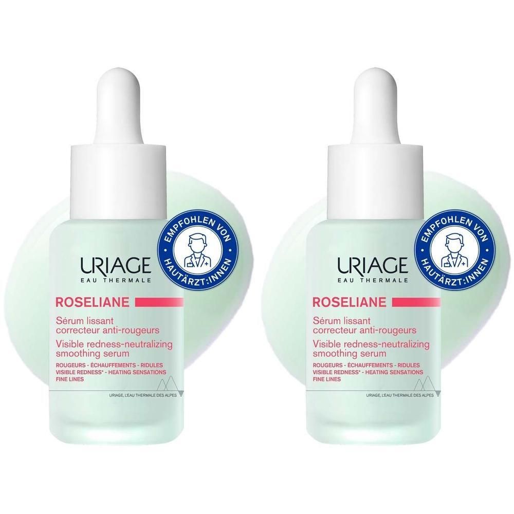 Zwei Flaschen Serum mit Pipette. Aufschrift: Uriage Roséliane. Empfohlen von Hautärzt:innen. Sichtbare Rötungen neutralisieren.
