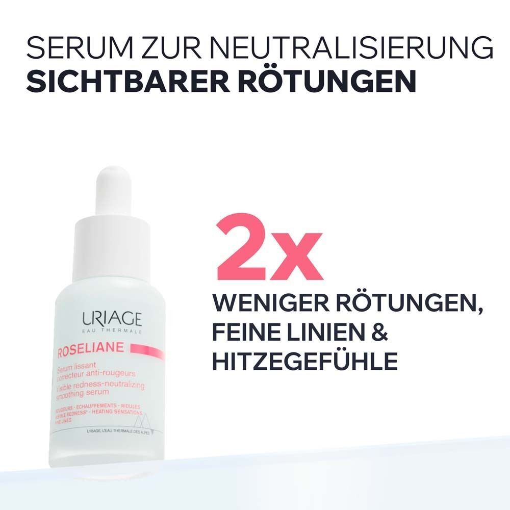 Serum zur Neutralisierung sichtbarer Rötungen. Text: 2x weniger Rötungen, feine Linien & Hitzegefühle. Flasche mit Pipette.
