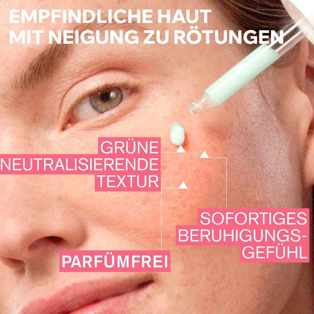 Gesicht mit grüner, neutralisierender Textur. Text: Empfindliche Haut mit Neigung zu Rötungen. Parfumfrei. Sofortiges beruhigendes Gefühl.