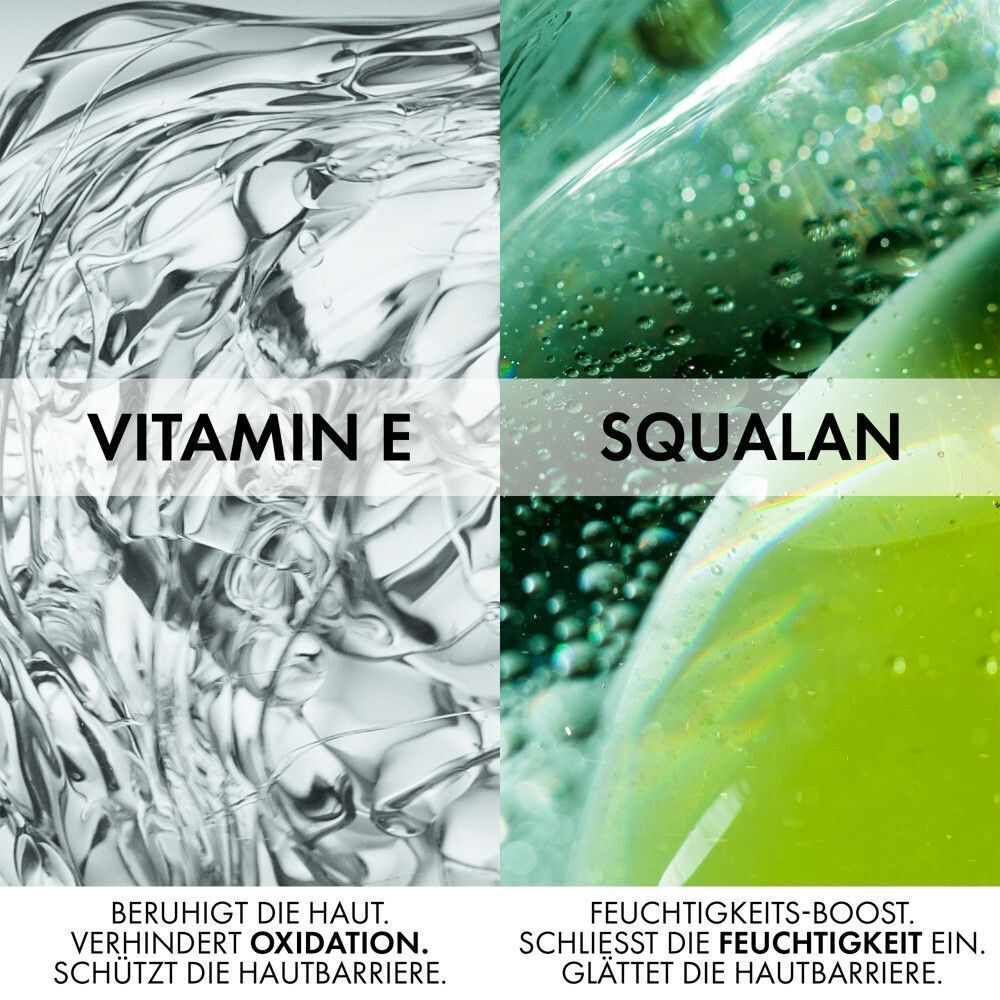 Zwei Textblöcke: VITAMIN E und SQUALAN. Text darunter: BERUHIGT DIE HAUT. VERHINDERT OXIDATION. SCHÜTZT DIE HAUTBARRIERE. FEUCHTIGKEITS-BOOST. SCHLIESST DIE FEUCHTIGKEIT EIN. GLÄTTET DIE HAUTBARRIERE.