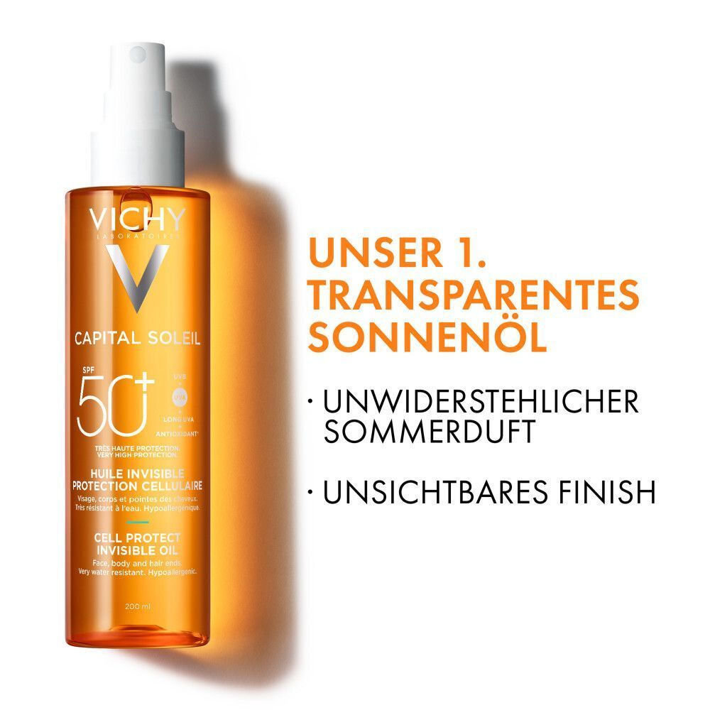 Eine Flasche VICHY CAPITAL Soleil Cell Protect Oil. Text: UNSER 1. TRANSPARENTES SONNENÖL. UNWIDERSTEHLICHER SOMMERDUFT. UNSICHTBARES FINISH.