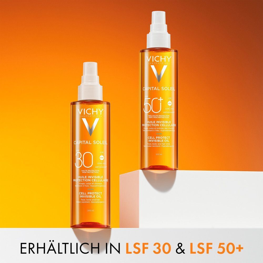 Zwei Flaschen VICHY CAPITAL Soleil Cell Protect Oil. Text: ERHÄLTLICH IN LSF 30 & LSF 50+.