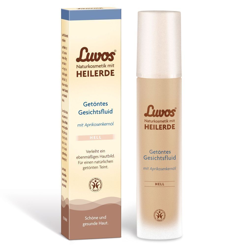 LUVOS getöntes Gesichtsfluid hell und Karton. Aufdruck: Naturkosmetik mit Heilerde, Getöntes Gesichtsfluid mit Aprikosenkernöl.