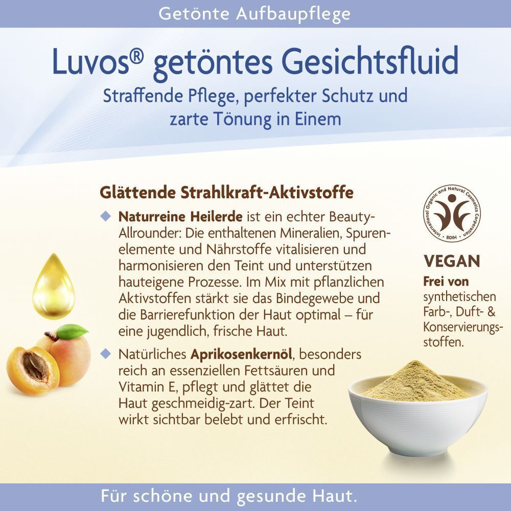 Infografik mit Inhaltsstoffen und Eigenschaften von LUVOS getöntes Gesichtsfluid. Vegan-Siegel. Abbildung von Aprikosen und Heilerde.