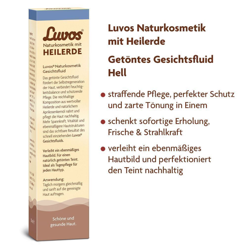 Karton LUVOS getöntes Gesichtsfluid hell. Aufdruck: Naturkosmetik mit Heilerde, Getöntes Gesichtsfluid hell. Produktvorteile.