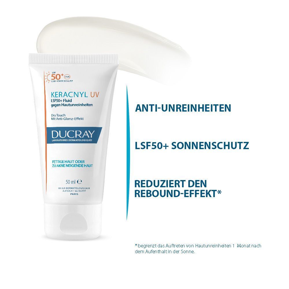 DUCRAY KERACNYL UV Fluid LSF50+ Tube mit Produktprobe. Text: Anti-Unreinheiten, LSF50+ Sonnenschutz, reduziert den Rebound-Effekt.