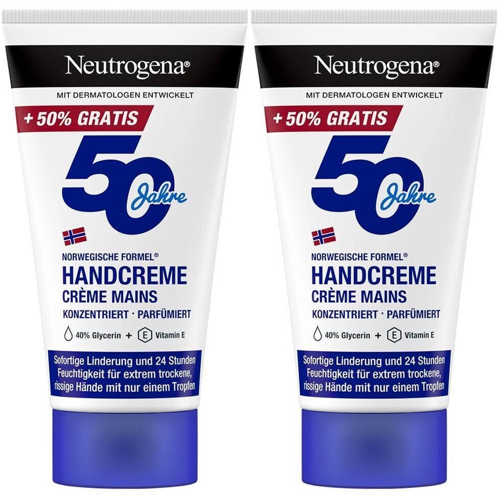 Zwei Tuben Handcreme. Weiße Tuben mit blauer Schrift und Logo. Text: Neutrogena, Handcreme, +50% gratis, 50 Jahre.