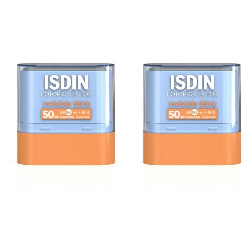 Zwei rechteckige Behälter mit blauem Deckel und orangefarbenem Boden. Aufschrift ISDIN, Fotoprotector, Invisible Stick 50.