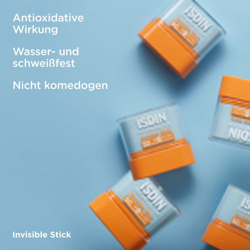 Mehrere rechteckige Sticks mit blauem Deckel und orangefarbenem Boden. Text: Antioxidative Wirkung, Wasser- und schweißfest, Nicht komedogen. Invisible Stick.