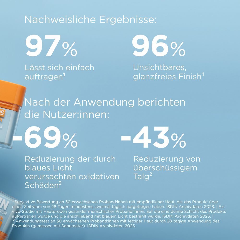 Text mit Prozentangaben: 97% Einfaches Auftragen, 96% Glanzfreies Finish, -69% Reduzierung blauen Lichts, -43% Reduzierung überschüssigen Talgs.