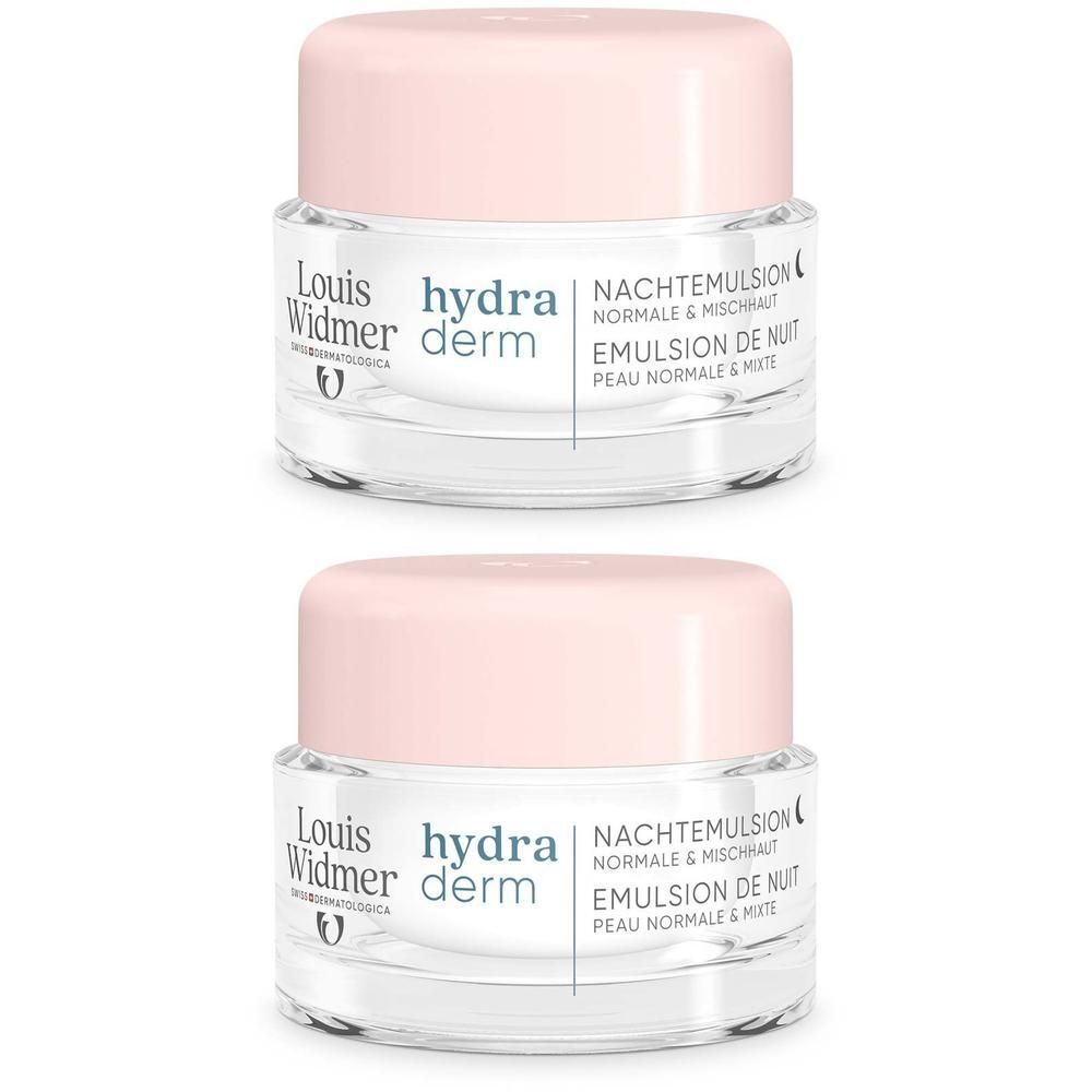Zwei Tiegel Nachtemulsion mit rosa Deckel. Aufschrift: Louis Widmer hydra derm Nachtemulsion, normale & Mischhaut, Emulsion de nuit.