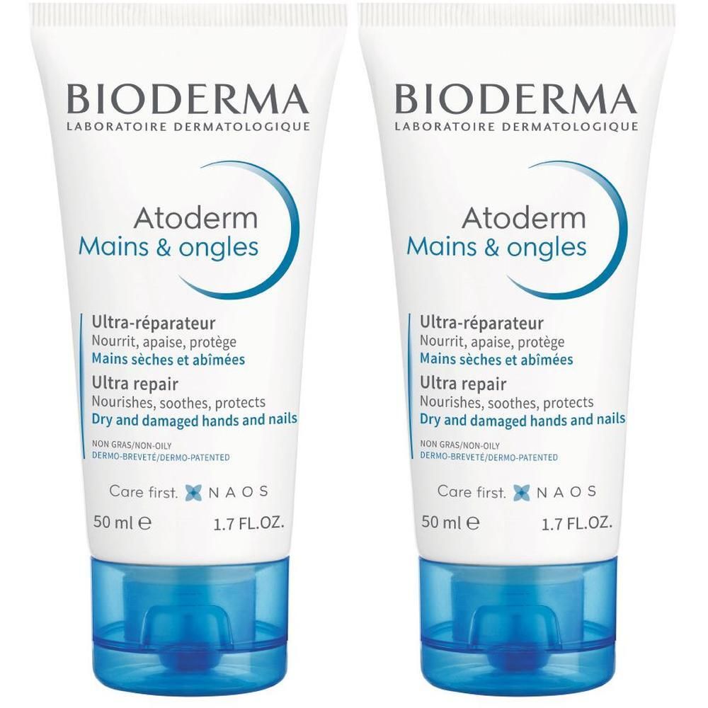 Zwei Tuben BIODERMA Atoderm Mains & ongles Handcreme. Weiße Tuben mit blauen Akzenten. Text: Ultra-réparateur, 50 ml, 1.7 FL.OZ.