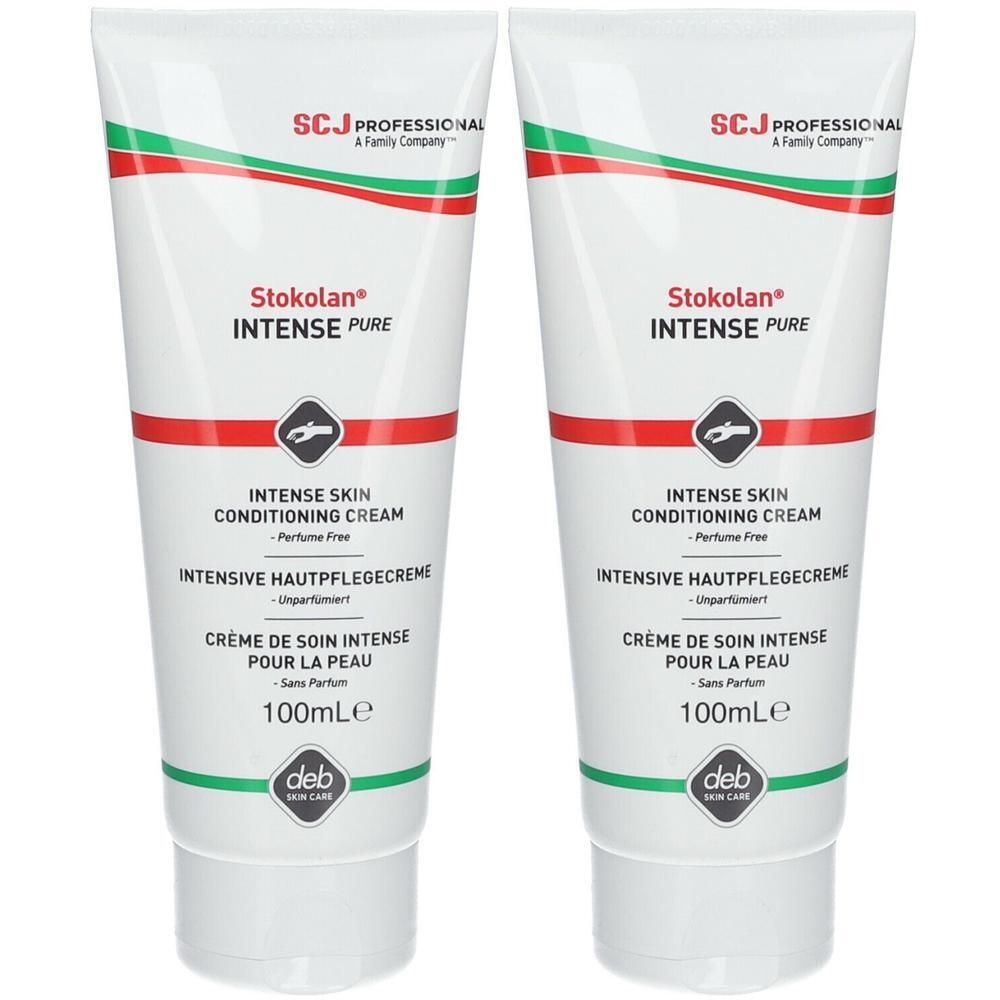 Zwei Tuben Creme. Weiß, mit roter und grüner Verzierung. Aufschrift: Stokolan INTENSE PURE, INTENSE SKIN CONDITIONING CREAM, 100ml.