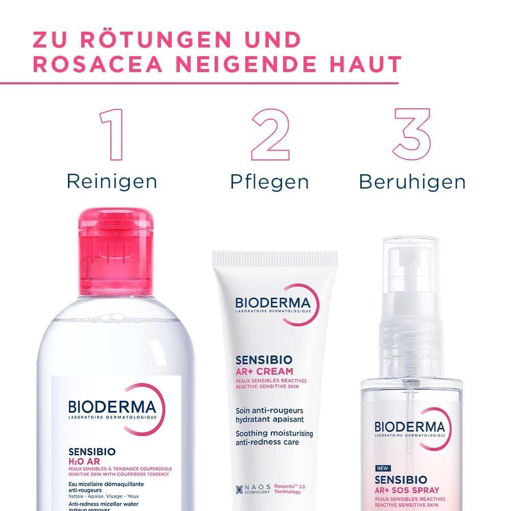 Drei Produkte. BIODERMA Sensibio H2O, Sensibio AR+ Cream, und Sensibio AR+ SOS Spray.
