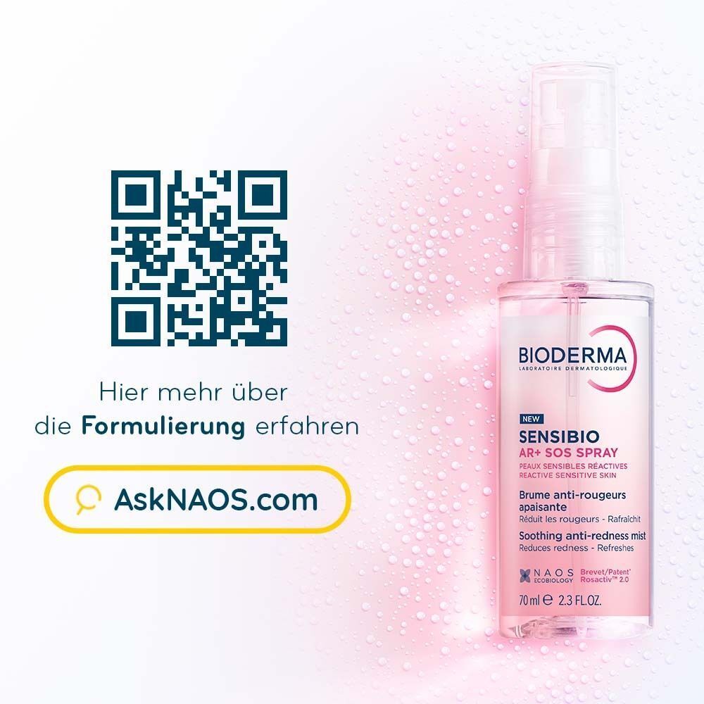 BIODERMA Sensibio AR+ SOS Spray. QR-Code. Text: Hier mehr über die Formulierung erfahren. AskNAOS.com