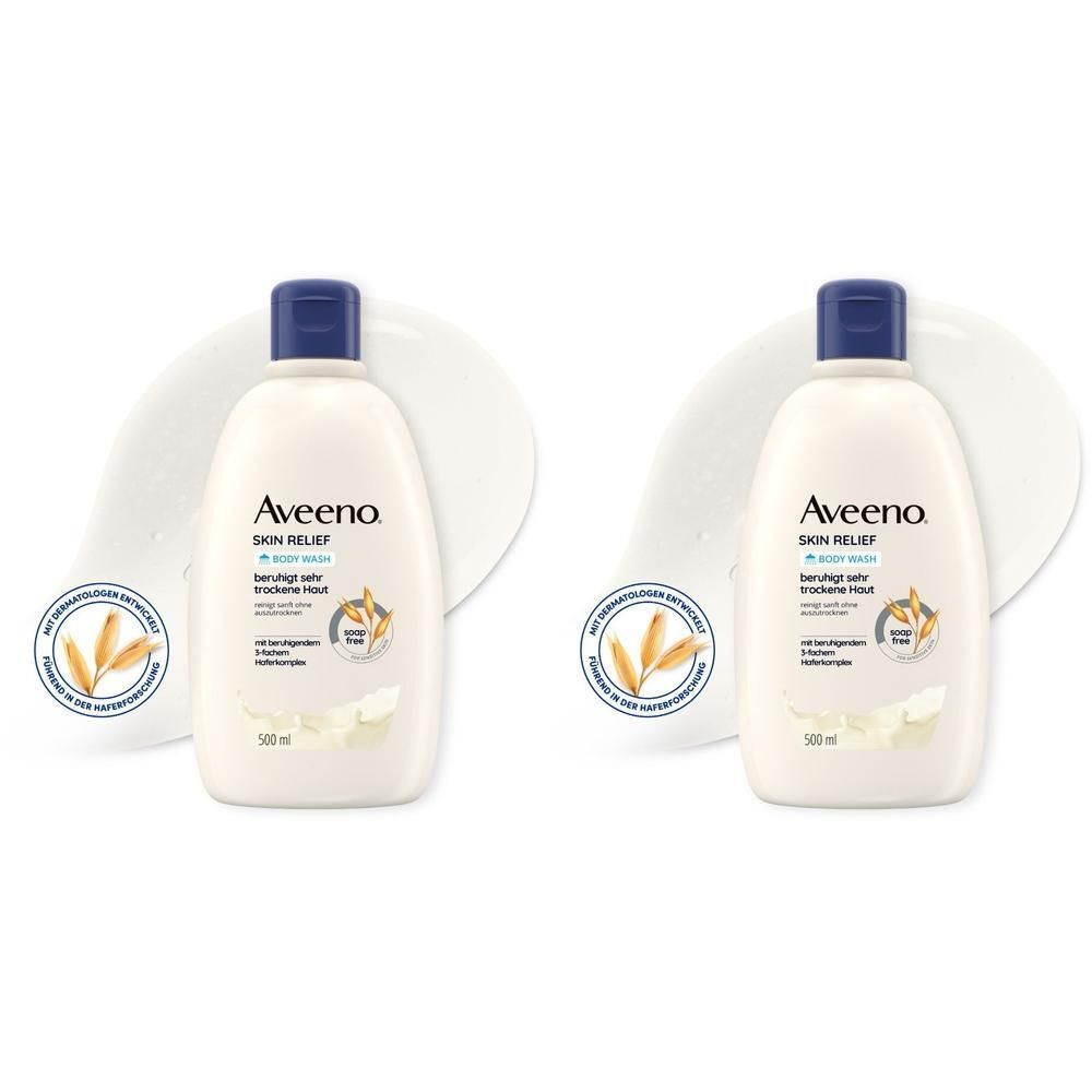 Zwei Flaschen AVEENO Skin Relief Duschgel, weiß mit blauem Deckel. Aufdruck: Skin Relief, Body Wash, 500 ml. Mit Hafer-Logo.