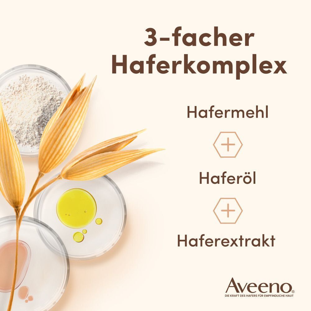 Drei Schalen mit Hafermehl, Haferöl und Haferextrakt. Text: 3-facher Haferkomplex. AVEENO-Logo.