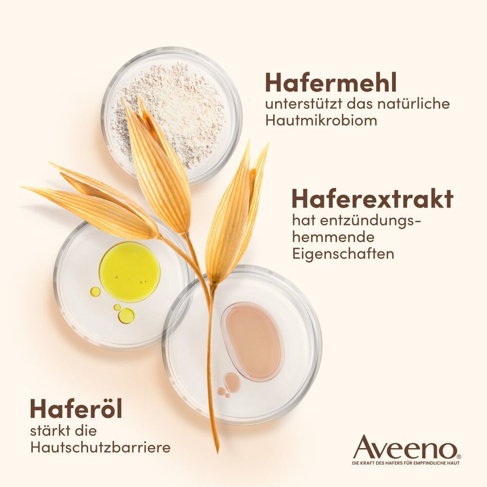 Drei Schalen mit Hafermehl, Haferöl und Haferextrakt. Text: Hafermehl, Haferöl, Haferextrakt. AVEENO-Logo.