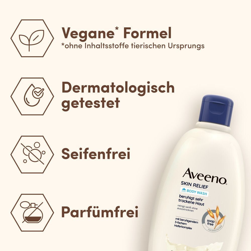 AVEENO Skin Relief Duschgel mit blauem Deckel. Text: Vegane Formel, dermatologisch getestet, seifenfrei, parfümfrei.