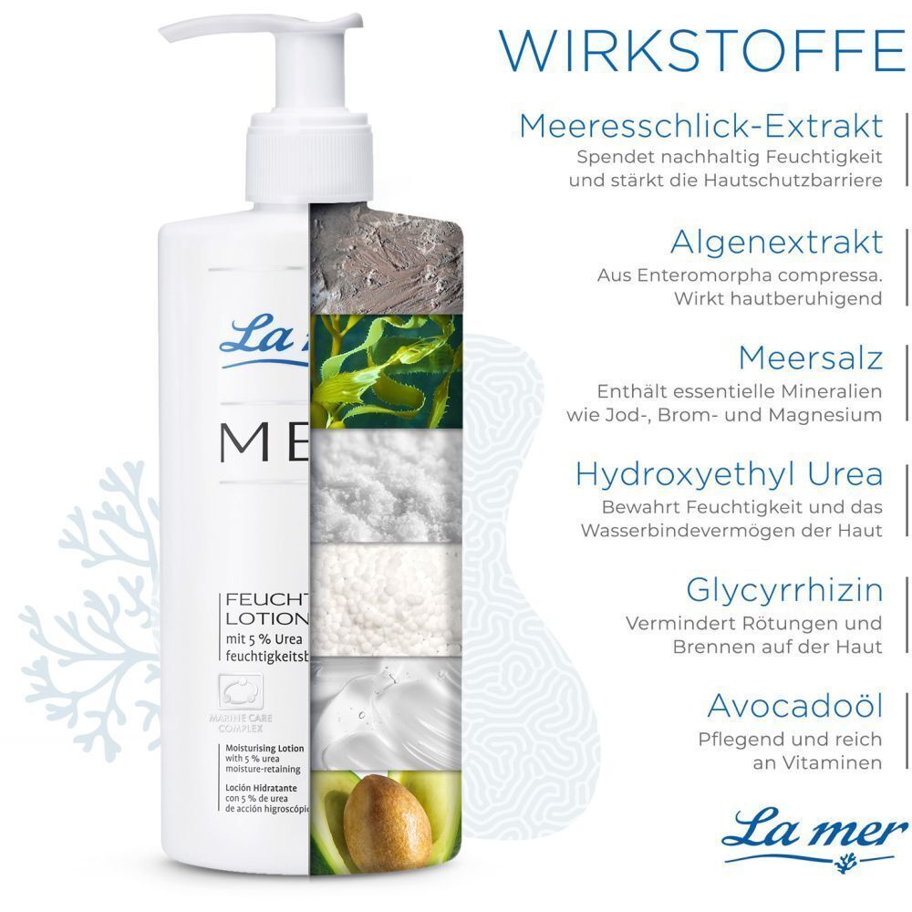 Eine Flasche "La mer MED Feuchtigkeitslotion" mit Inhaltsstoff-Grafik. Meeresschlick-Extrakt, Algenextrakt, Meersalz, Hydroxyethyl Urea, Glycyrrhizin, Avocadoöl.