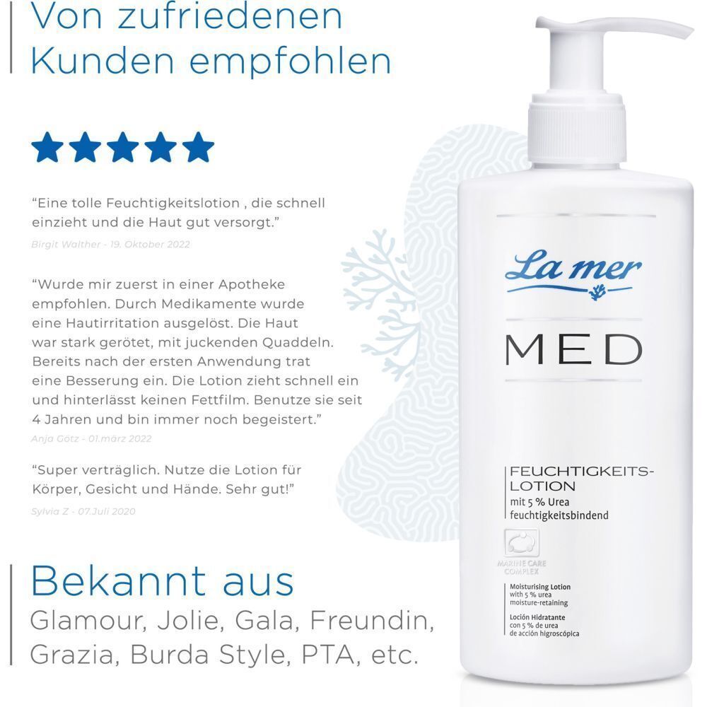 Eine Flasche "La mer MED Feuchtigkeitslotion" mit Kundenbewertungen. Text: Von zufriedenen Kunden empfohlen. Bekannt aus...