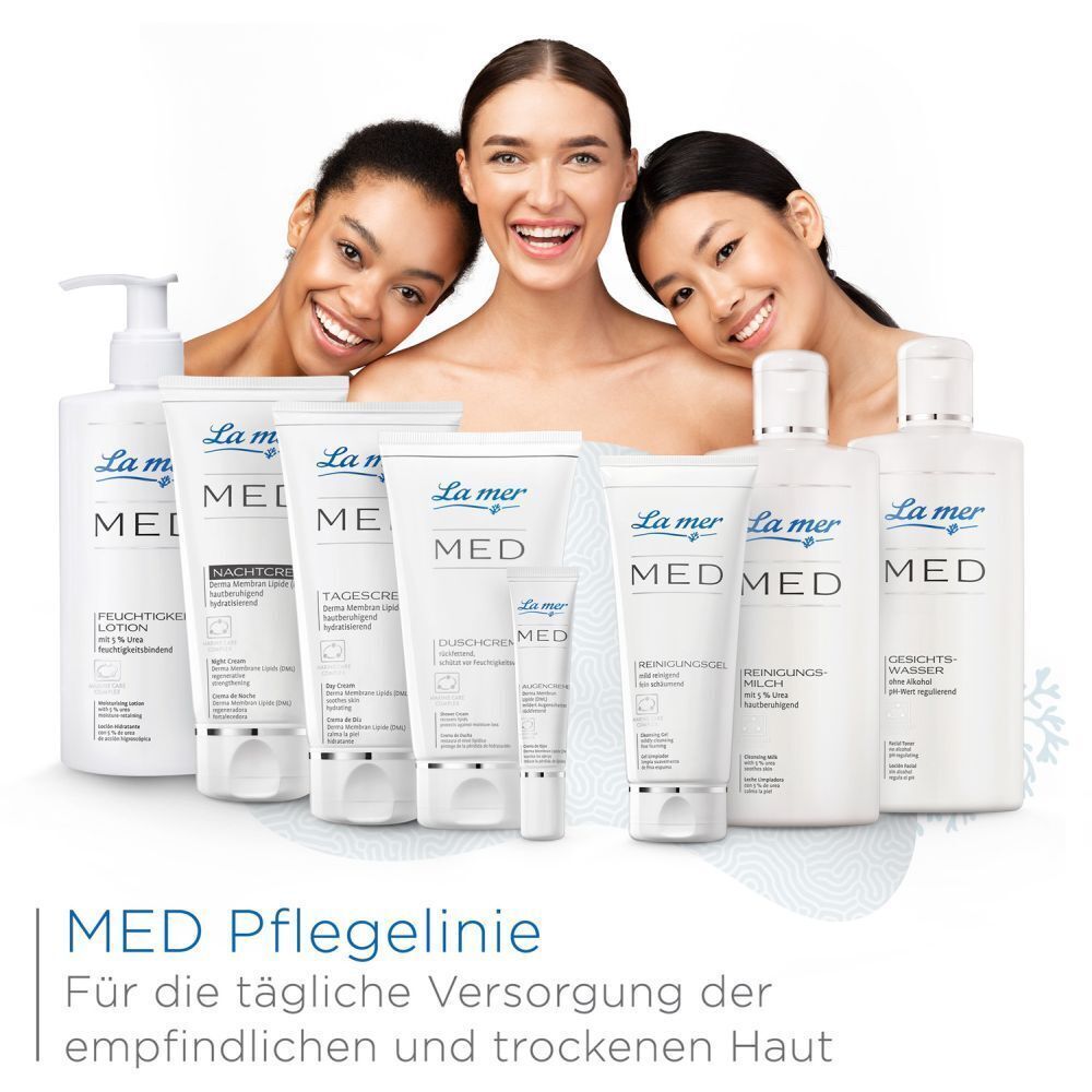 Mehrere Produkte der MED Pflegelinie. Flaschen und Tuben mit "La mer MED" Aufdruck. Text: MED Pflegelinie. Für die tägliche...