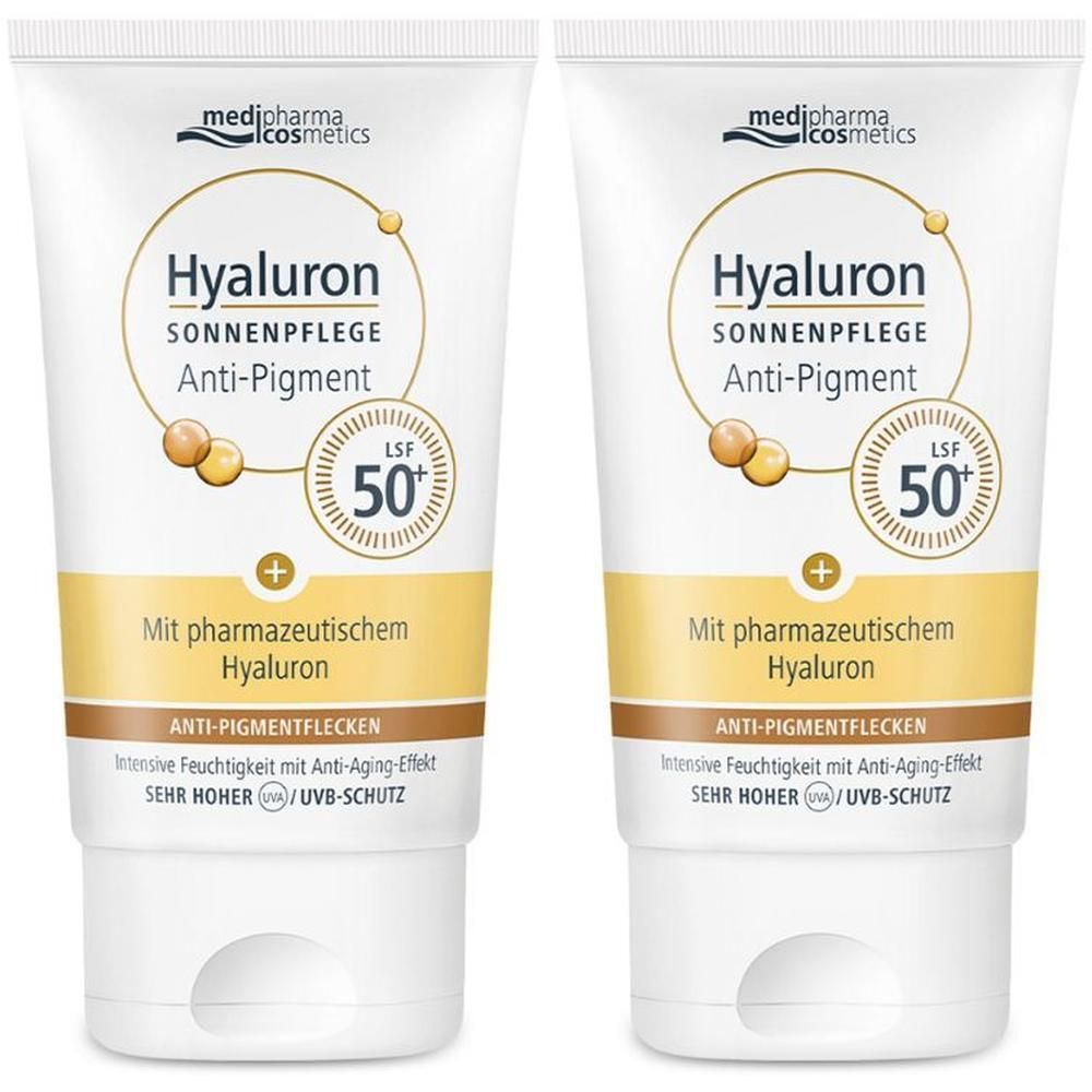 Zwei Tuben HYALURON SONNENPFLEGE Anti-Pigment LSF50. Weiße Tuben mit gelben und braunen Elementen. Text: medi-pharma cosmetics, Hyaluron.