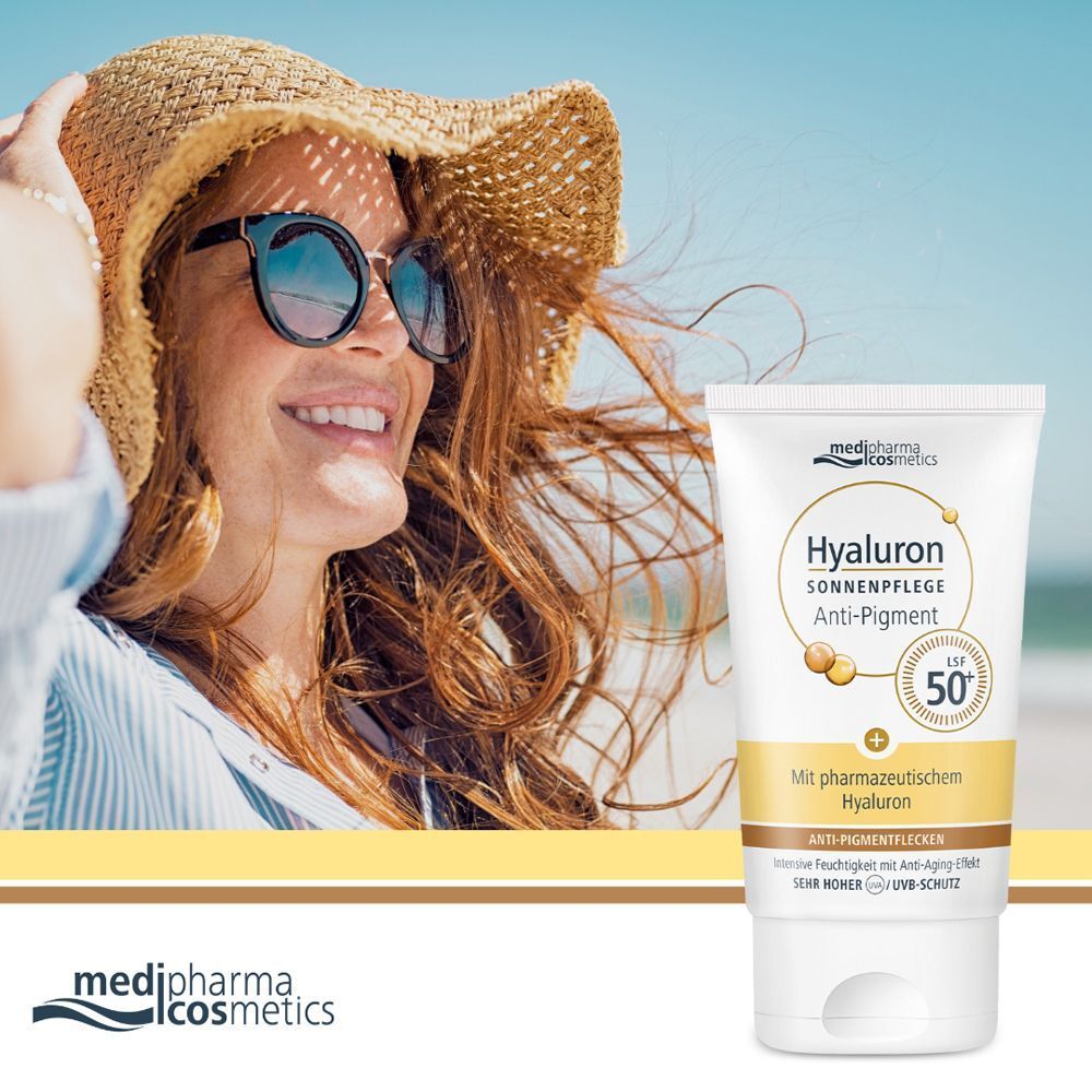 Frau mit Sonnenhut und Sonnenbrille am Strand. Daneben eine Tube HYALURON SONNENPFLEGE Anti-Pigment LSF50. Logo medi-pharma cosmetics.