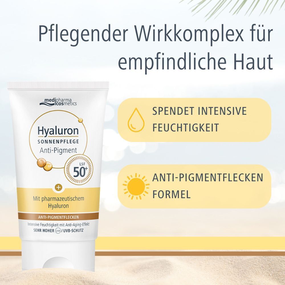 Tube HYALURON SONNENPFLEGE Anti-Pigment LSF50. Text: Pflegender Wirkkomplex für empfindliche Haut, Spendet intensive Feuchtigkeit, Anti-Pigmentflecken Formel.