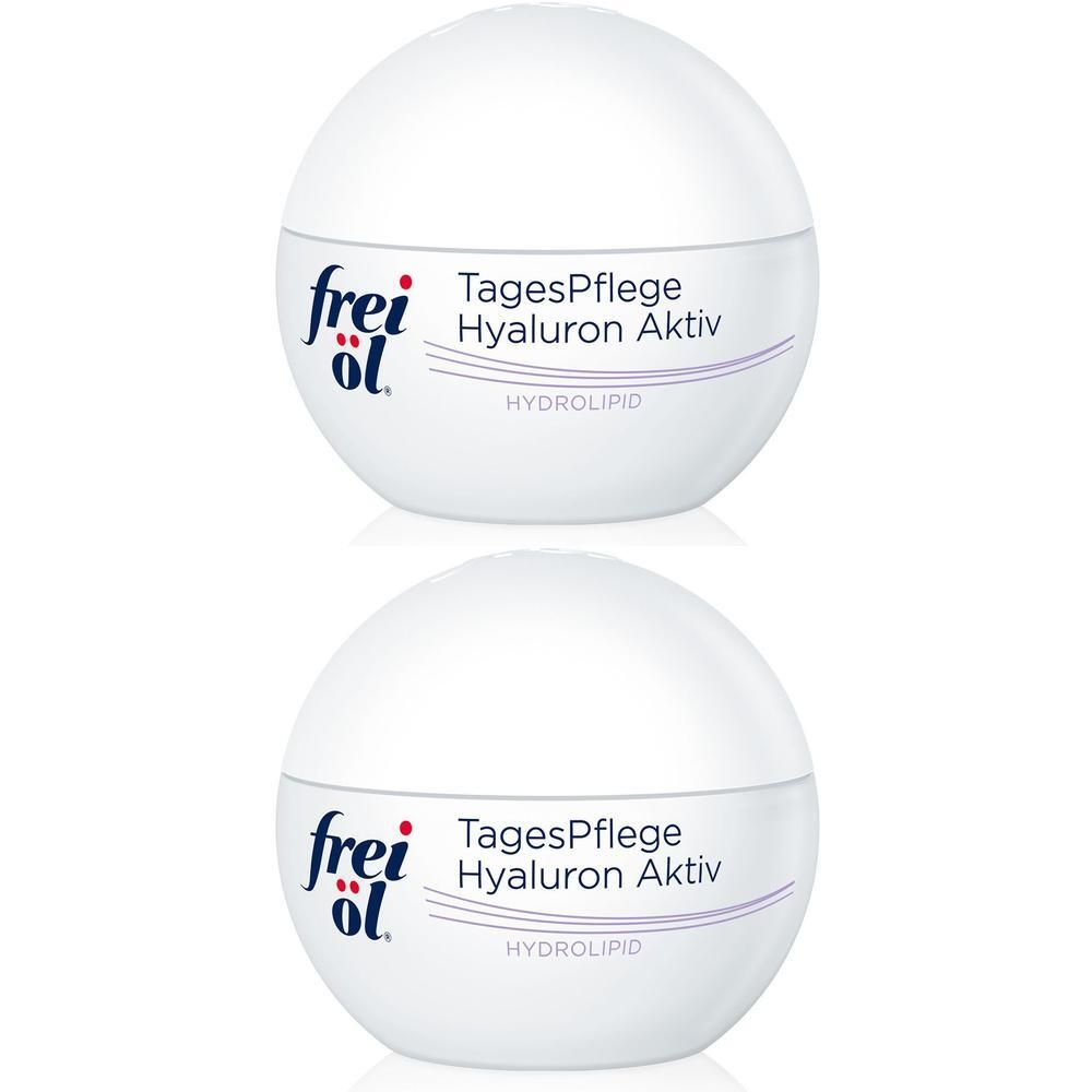 Zwei weiße Tiegel mit Deckel. Aufschrift: frei öl®, TagesPflege Hyaluron Aktiv, HYDROLIPID.