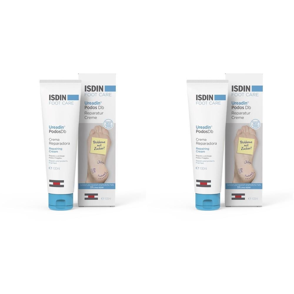 Zwei Tuben und Schachteln. Auf den Tuben und Schachteln steht ISDIN, Ureadin Podos Db Creme. Die Schachteln zeigen einen Fuß.