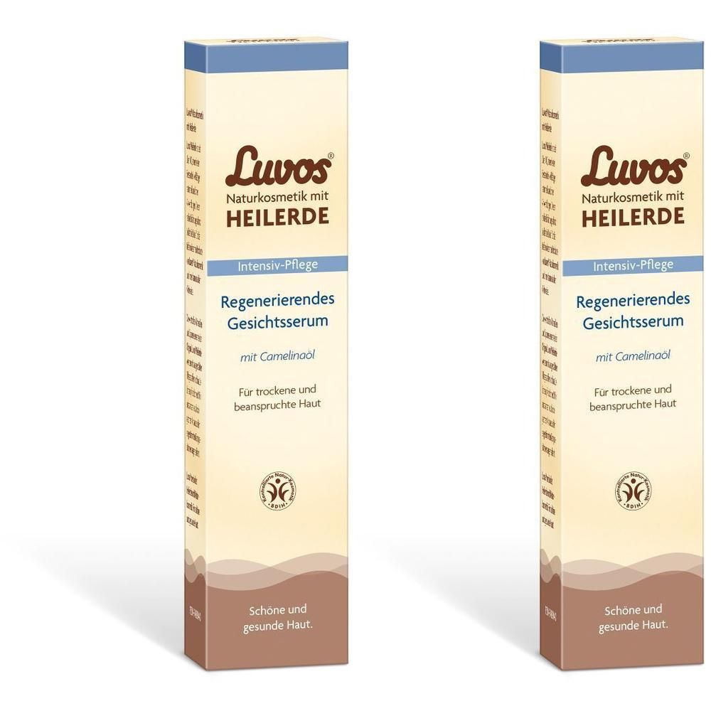 Zwei identische Faltschachteln. Aufdruck: Luvos Naturkosmetik, Heilerde, Intensiv-Pflege, Regenerierendes Gesichtsserum.