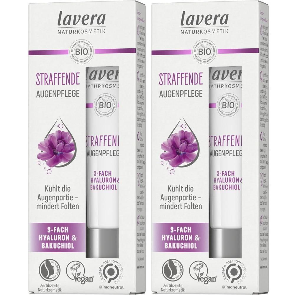 Zwei Packungen Augenpflege. Weiße Tuben mit lila Blütenmotiv und Schriftzug. Marke: Lavera. Text: Straffende Augenpflege, 3-fach Hyaluron & Bakuchiol.