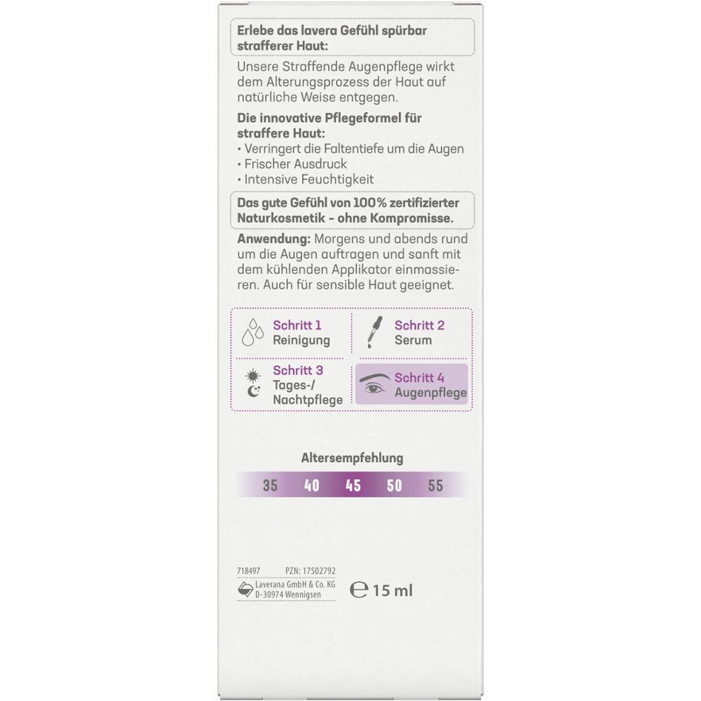 Produktbeschreibung auf weißem Hintergrund. Text über Augenpflege, Inhaltsstoffe, Anwendung und Altersempfehlung. Marke: Lavera. Volumen: 15 ml.