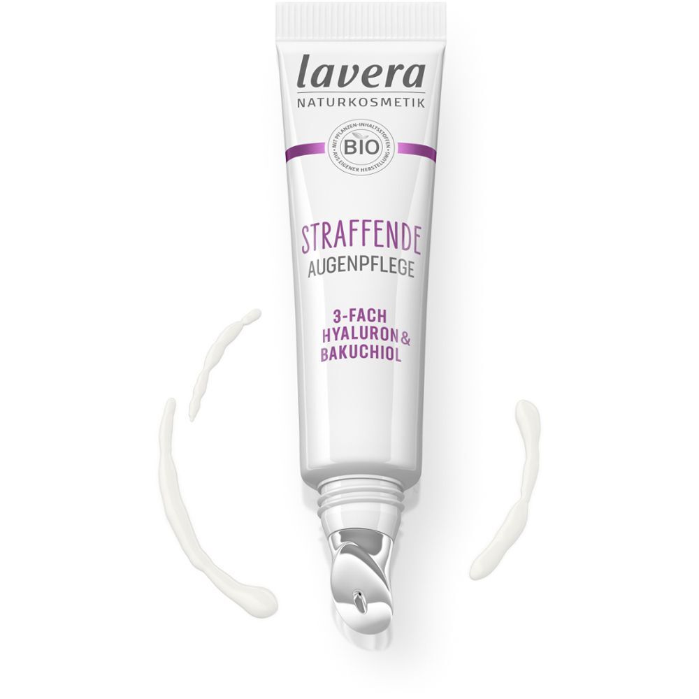 Weiße Tube Augenpflege mit Metallapplikator. Marke: Lavera. Text: Straffende Augenpflege, 3-fach Hyaluron & Bakuchiol. Cremespritzer.