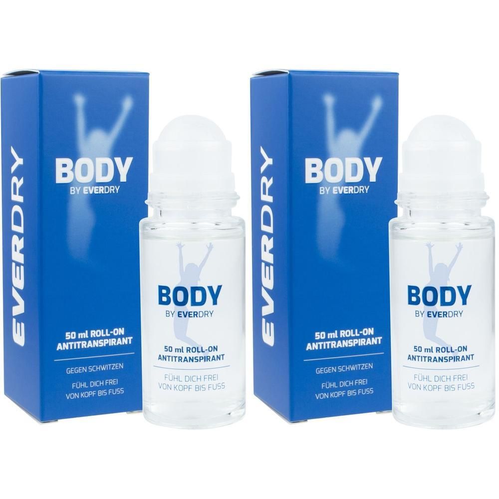Zwei Roll-on-Antitranspirant-Flaschen mit blauen Verpackungen. Auf den Flaschen und Verpackungen steht "BODY by EVERDRY".