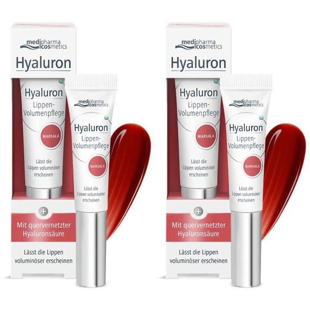 Zwei Lippenpflege-Tuben in Verpackung. Weiß, mit silbernem Applikator. Text: Hyaluron Lippen-Volumenpflege Marsala. Mit quervernetzter Hyaluronsäure.