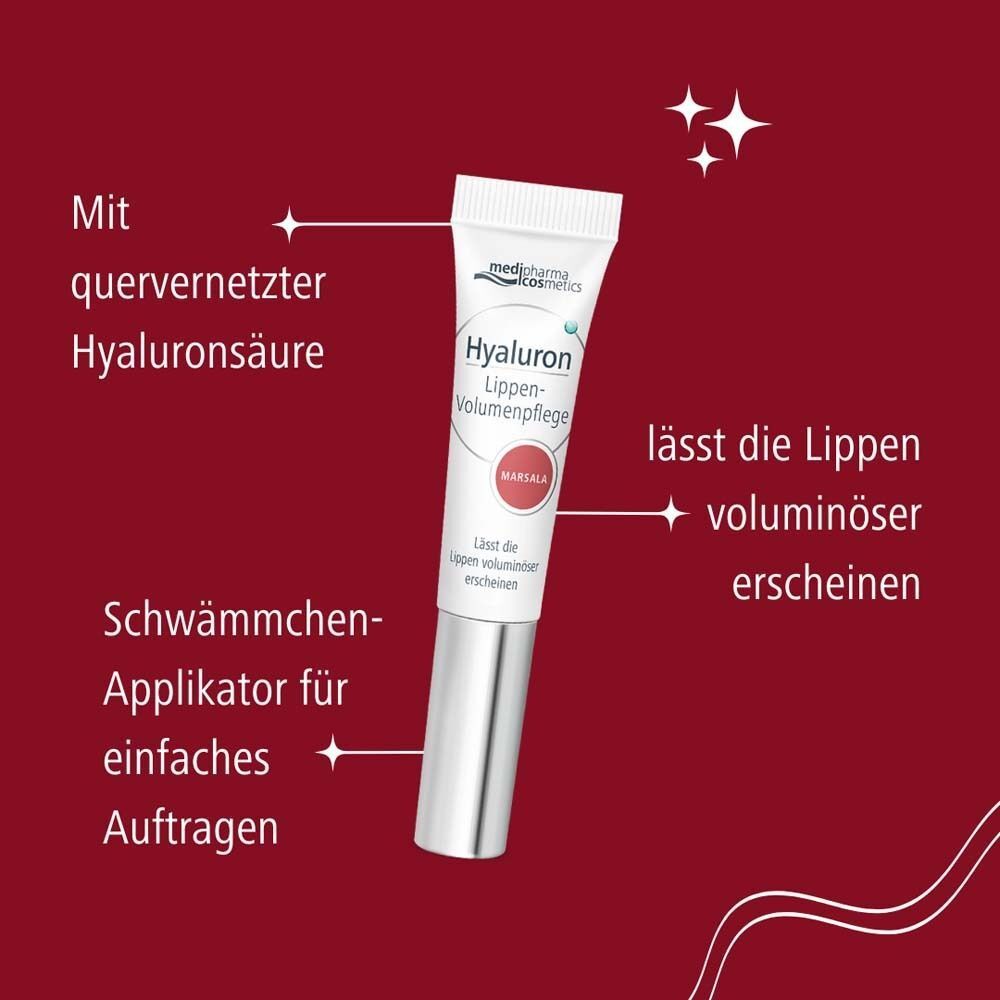 Weiße Tube mit silbernem Applikator. Text: Hyaluron Lippen-Volumenpflege Marsala. Mit quervernetzter Hyaluronsäure. Schwämmchen-Applikator für einfaches Auftragen.