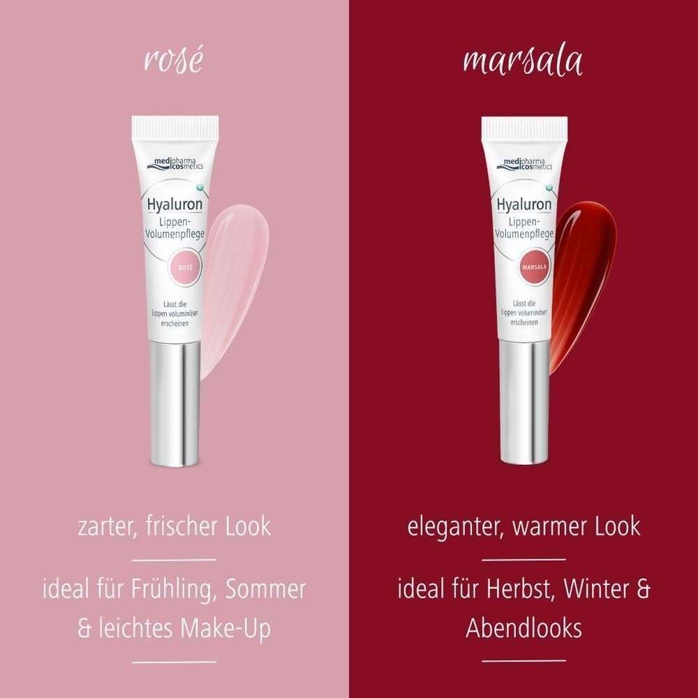 Zwei Lippenpflege-Tuben. Links: rosé, Text: zarter, frischer Look. Rechts: marsala, Text: eleganter, warmer Look. Beide mit silbernem Applikator.