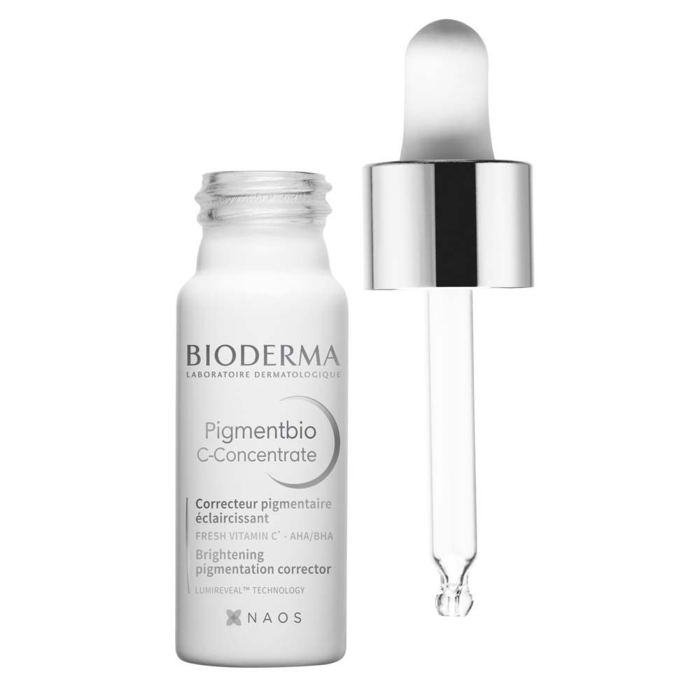 BIODERMA Pigmentbio C-Concentrate Serum-Flasche mit geöffneter Pipette. Weiße Flasche, silberner Verschluss.