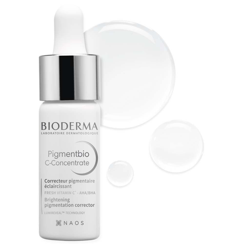 BIODERMA Pigmentbio C-Concentrate Serum-Flasche mit Serumtropfen. Weiße Flasche, silberner Verschluss.